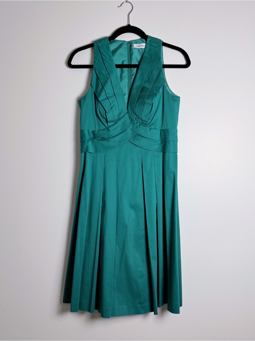 Calvin Klein Teal V-Neck Pleated Midi Dress